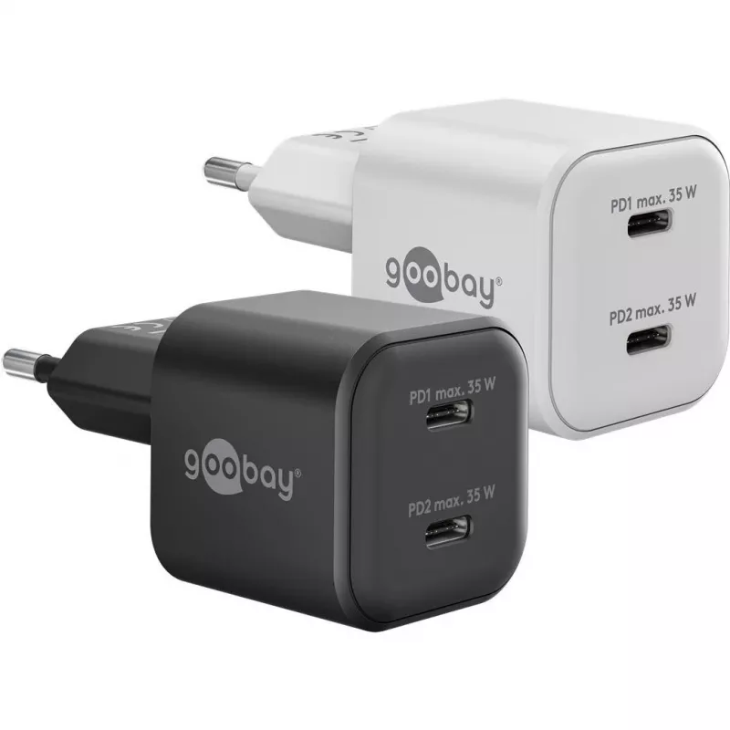Wandladegerät GOOBAY 75333 — universelles AC-USB-C-Ladegerät für Innenräume, 2x USB-C, 35 W, Schwarz