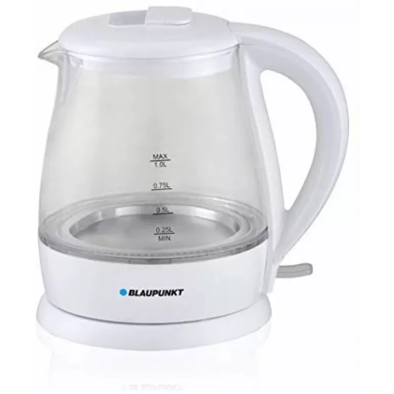 Elektrischer Wasserkocher BLAUPUNKT 1 L 1630 W Weiß — Glaskörper, 360°-Basis, Tastenöffnung