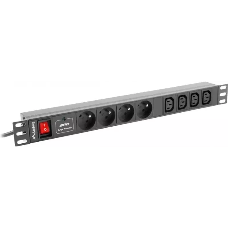 Stromverteilereinheit LANBERG PDU-04E04I-0200-IEC-BK — 1U, 4 Typ-E-Steckdosen, 2 m Kabel, 10 A, 220–250 V