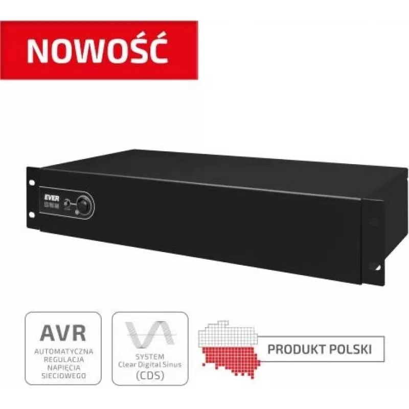 Rackmount Line-Interactive USV EVER ECO Pro 1200 AVR CDS, 1,2 kVA (650 W Ausgang), 2U, 3× C13, USB-B, AVR, VRLA 12 V 5 Ah ×2