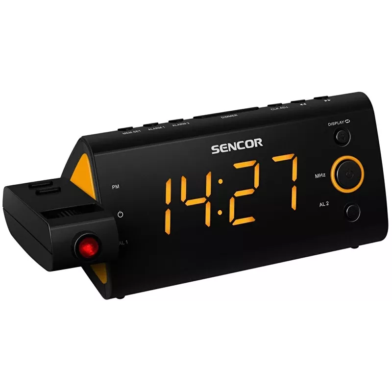 Uhrenradio SENCOR SRC 330 OR — FM-Uhrenradio mit 1,2-Zoll-LED-Display, Dual-Alarm, roter 180°-Projektion, Innentemperatur, Batteriepufferung