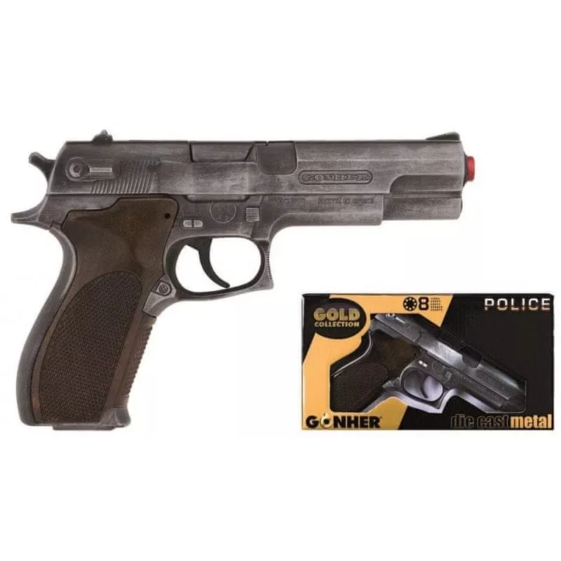 Spielzeug-Dartpistole Pulio Police gun metal GONHER 45/1 15545/1 — Metalloptik, Einzelschuss-Spielzeugwaffe