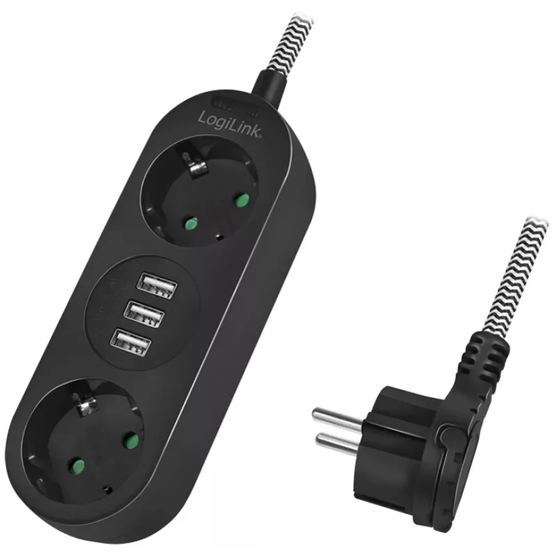 Stromverlängerungskabel LogiLink LPS262U 1,5 m 2 AC-Steckdosen Innenbereich Schwarz