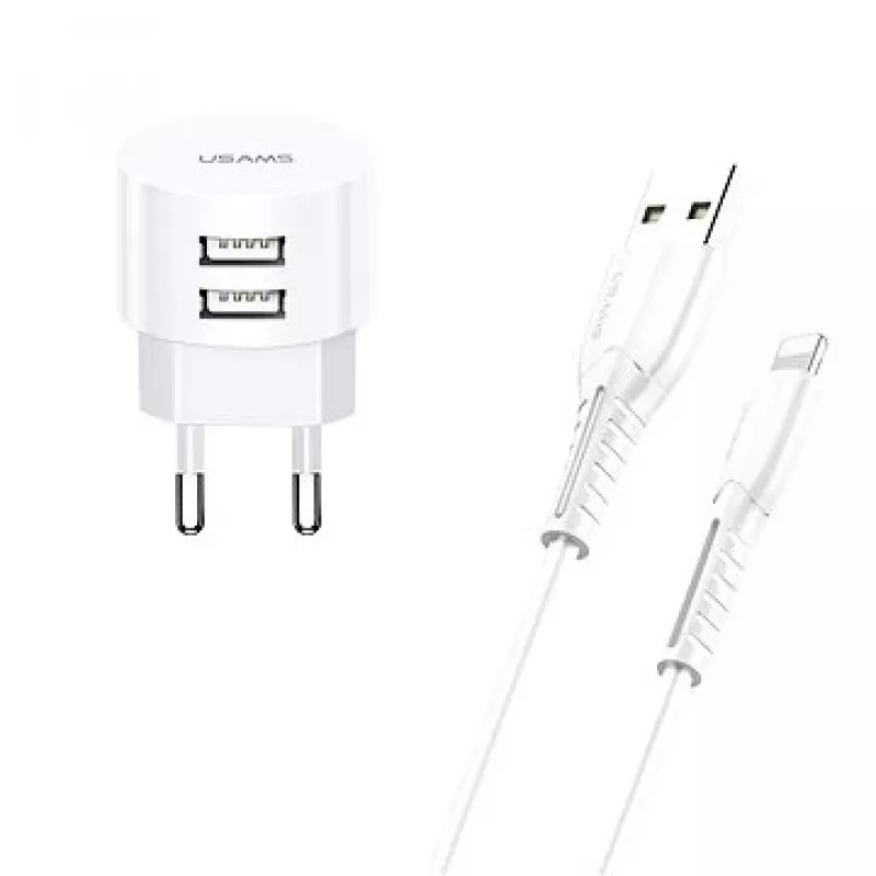 usams Ladegerät T20 2x USB 2.1A mit Lightning-Kabel – tragbares USB-Wandladegerät