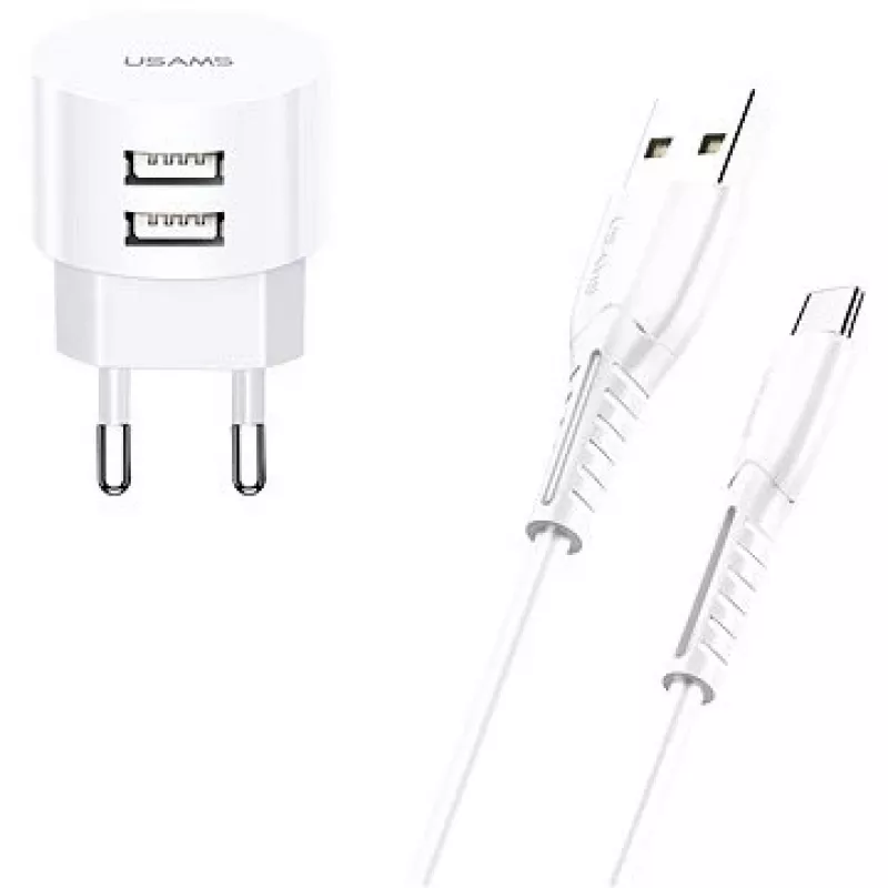 Ladegerät usams XTXLOGT18TC05 mit 2x USB-Anschlüssen und integriertem USB‑C-Kabel, 2,1A Ausgang