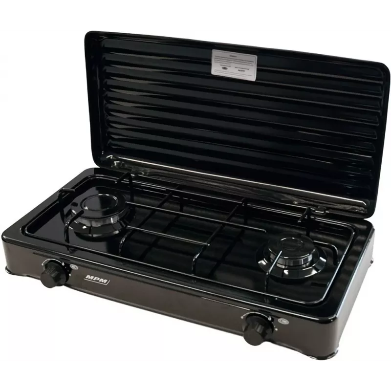 Mpm Kn-02/1kb tragbarer Gaskocher Camping 2 Brenner emailliertes Rost Schutzdeckel Standard G30-37 Mbar schwarz