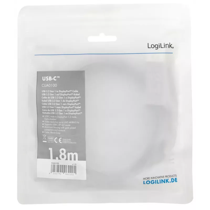 LogiLink CUA0100 Kabeladapter DisplayPort USB 3.2 Gen1 Type-C 1,8m Schwarz Grau