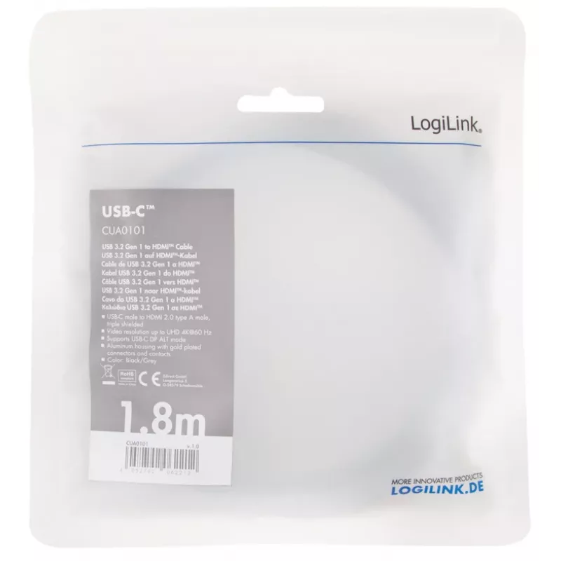 LogiLink CUA0101 USB 3.2 Gen1 Typ-C auf HDMI-A Kabel 1,8 m Schwarz Grau