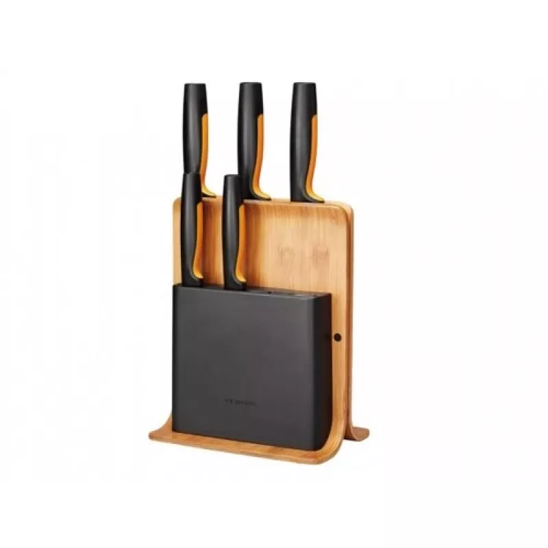 Messerblock mit Schlitzen Fiskars 1057552 — rechteckiger Messerblock aus Holz mit 5 Schlitzen, Edelstahl, max. Messerlänge 21,3 cm