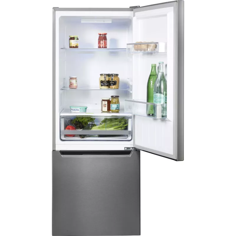 Freistehende Kühl-Gefrierkombination AMICA KGCL 384 160 E, Gesamt 205 L, Kühlteil 153 L, Gefrierteil 52 L, unteres Gefrierfach, Edelstahl