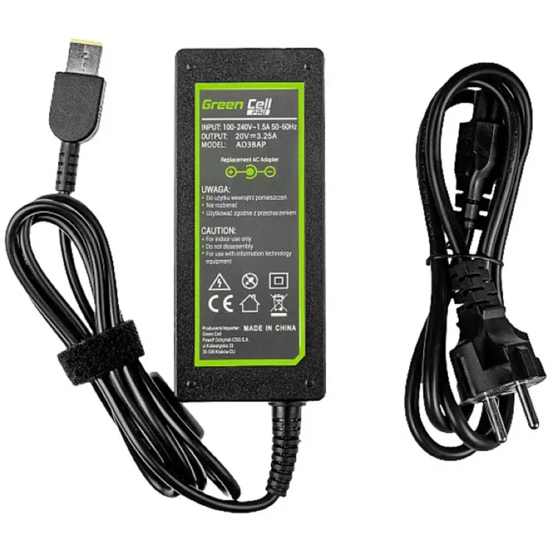 Netzteil Grün Cell AD38AP 65W für Lenovo Laptops, 20V 3,25A, 1,2 m Kabel, schwarz