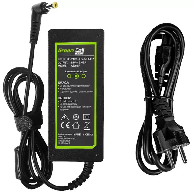 Netzteil Grün Cell AD01P — 60 W, 19 V 3,42 A, Laptop-Netzteil für den Innenbereich, schwarz