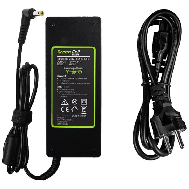 Laptop-Netzteil Grün Cell AD02P 90W 19V 4,74A AC-zu-DC für Innenräume Schwarz