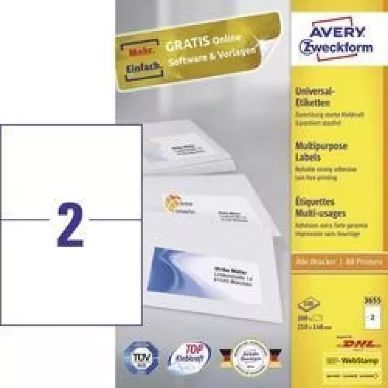 Avery 3655 Selbstklebeetiketten Rechteckig Permanent Weiß 200 Stück