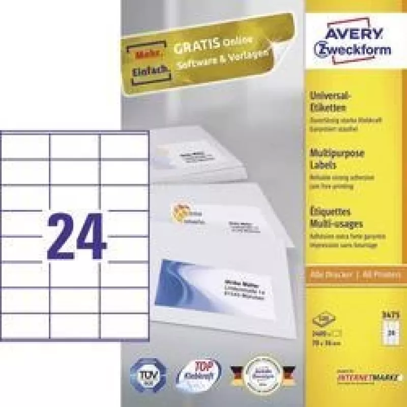 Avery Mehrzweck-Etiketten Laser Kopierer Inkjet 24 pro Blatt 70x36mm