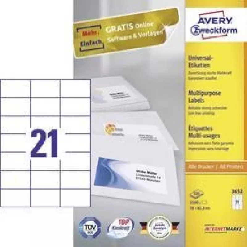 Avery - Etiketten - Weiß - 42,3 x 70 mm, 2100 Etiketten (100 Blatt x 21) (3652)