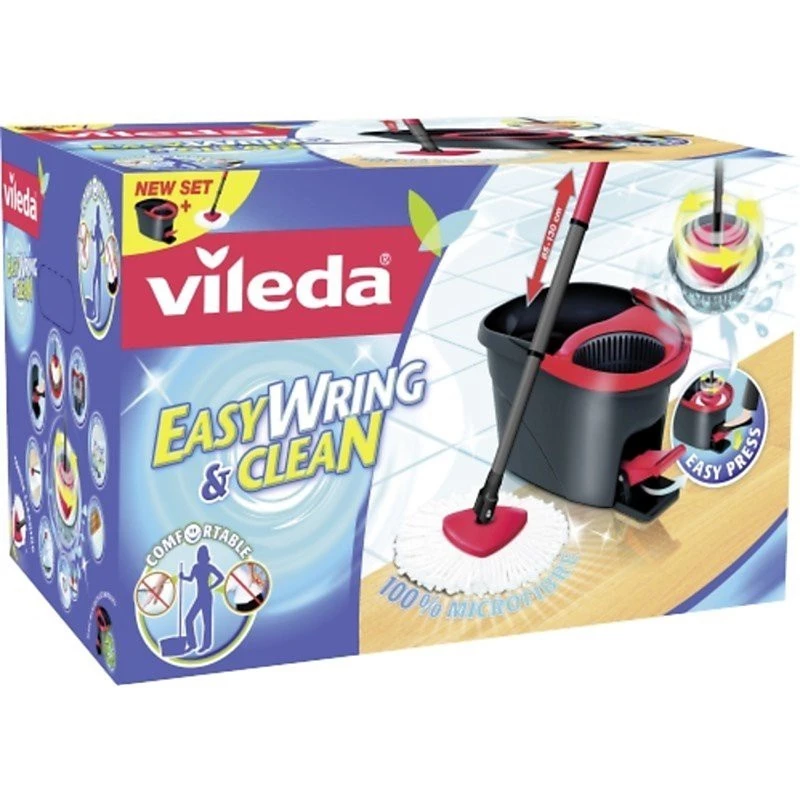 Wischmopp VILEDA EasyWring & Clean Turbo, roter Technopolymer-Eimer, abnehmbarer waschbarer Mikrofaserbezug, für Hartböden