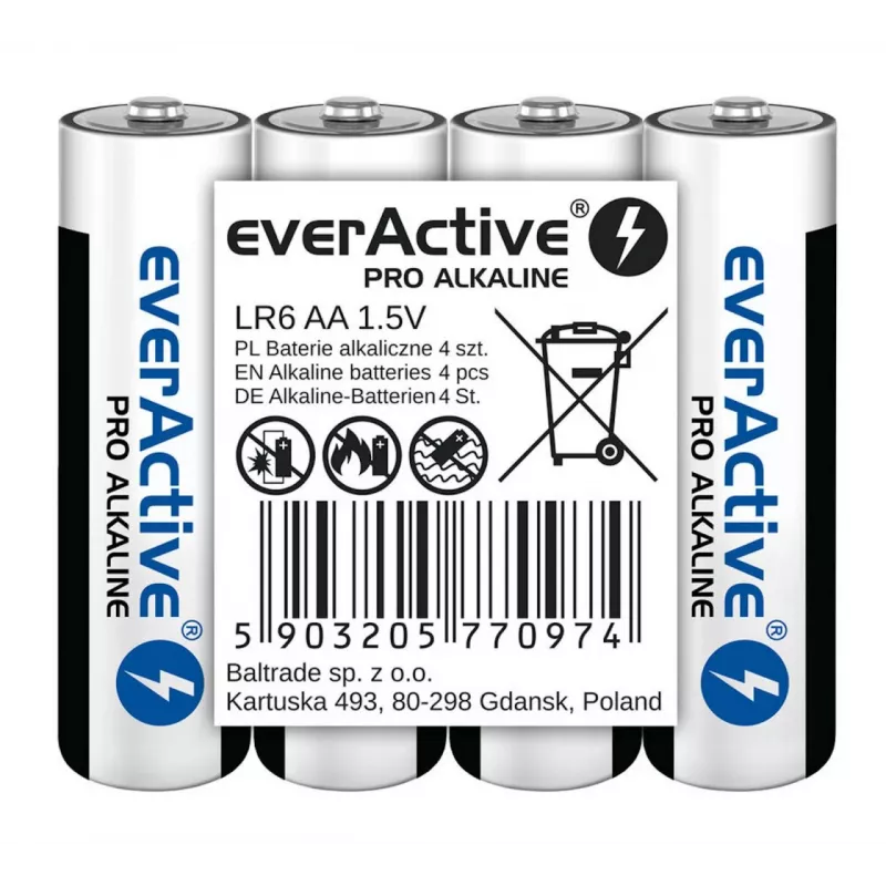 Alkaline-Batterien everActive LR6 AA 4er-Pack — 1,5 V, 3000 mAh, 50,5 × 14,5 mm
