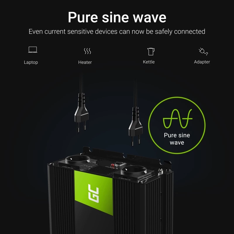 Auto-Wechselrichter Grün Cell INV21 6000 W, 24V DC-AC, 230V Ausgang, 2x USB PD, aktive Kühlung, abnehmbare DC-Steckverbinder, schwarz