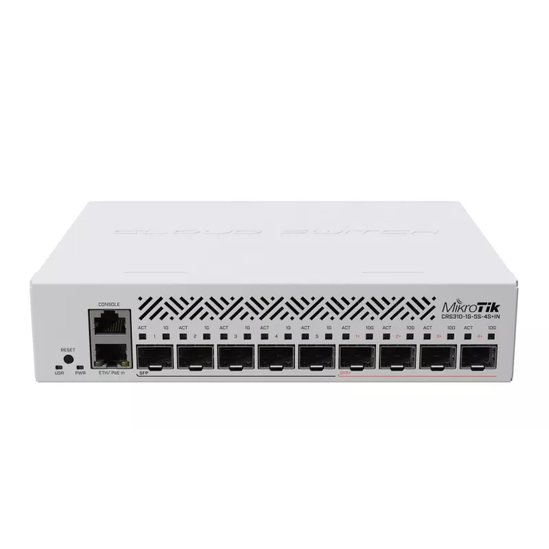 Managed L3 Netzwerk-Switch MikroTik CRS310-1G-5S-4S+IN — 1U, 1x Gigabit, 5x SFP, 4x SFP+, 10G, DC/PoE 18–57V, 20W max