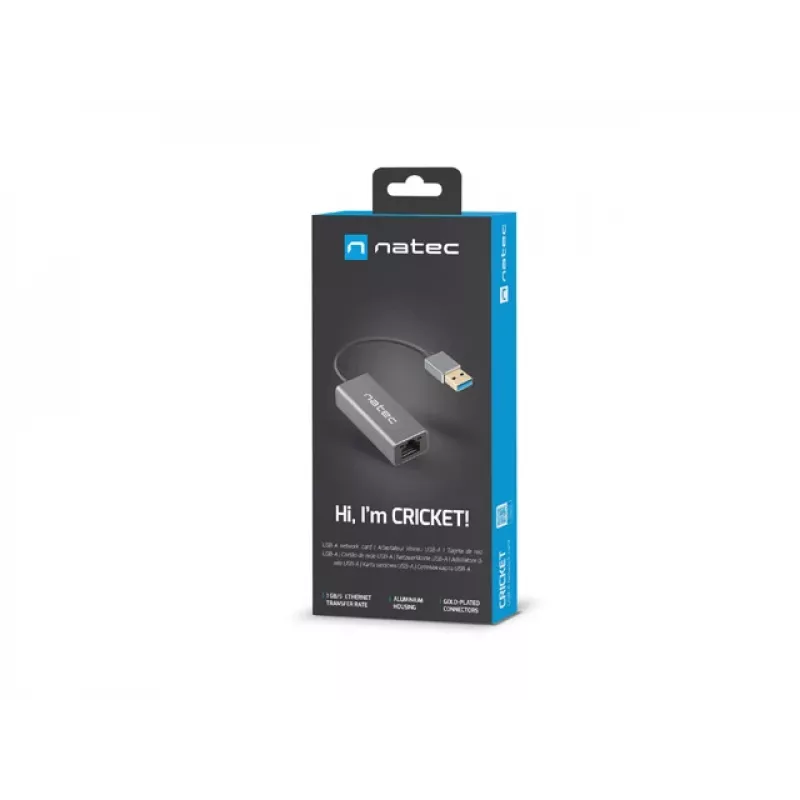 USB-Hub NATEC Cricket USB 3.2 Gen 1 Typ-A mit RJ-45 Ethernet 1000 Mbit/s, Aluminiumgehäuse, schwarz