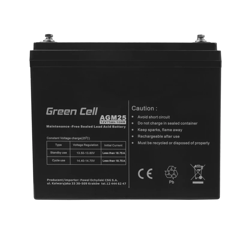 Versiegelte Blei-Säure USV-Batterie Grün Cell AGM25 12 V 75 Ah, VRLA, 75 Ah, 12 V, 21,3 kg