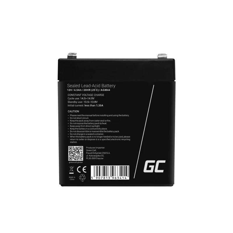 UPS-Batterie Grün Cell AGM44 — 12 V 4,5 Ah Blei-Vlies (VRLA), 101×70×90 mm, 1,35 kg, schwarz