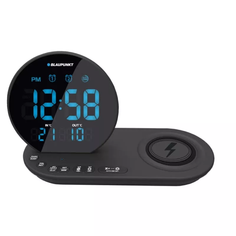 FM PLL clock radio/ALARM/USB/CR85BK CHARGE/Wireless charging/Innenbereich/outdoor temperature/Schwarz
