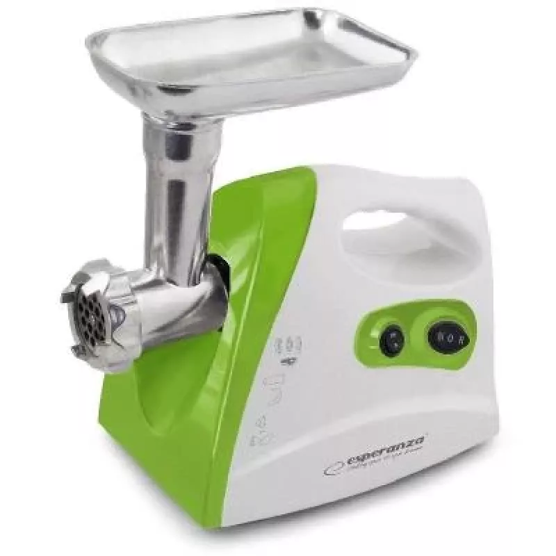 Fleischwolf ESPERANZA EKM012G — 600 W, Edelstahlklinge, Wursthorn, Kebbe-Aufsatz, Rückwärtslauf, rutschfeste Füße, weiß/grün