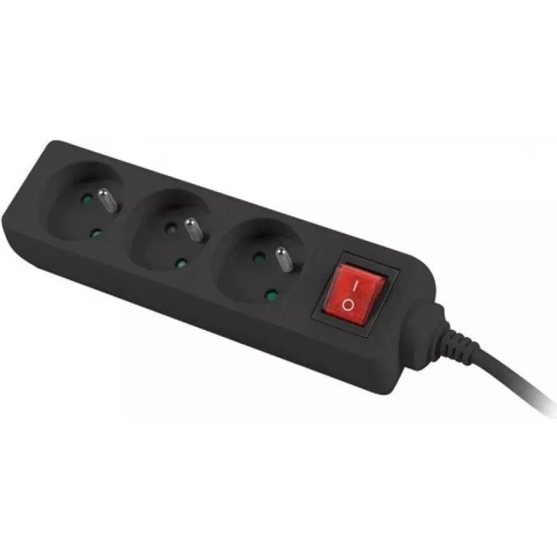 Steckdosenleiste 3m, schwarz, 3 Steckdosen, mit Schalter, Kabel aus massivem Kupfer