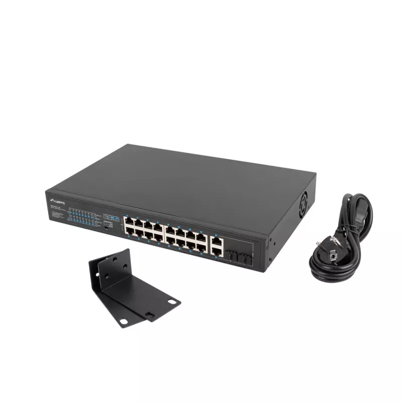 Unmanaged Switch LANBERG RSFE-16P-2C-150 — 18-Port Gigabit, 16 PoE+/2 SFP, 150 W gesamt, 1U Rack, Metall, Schwarz