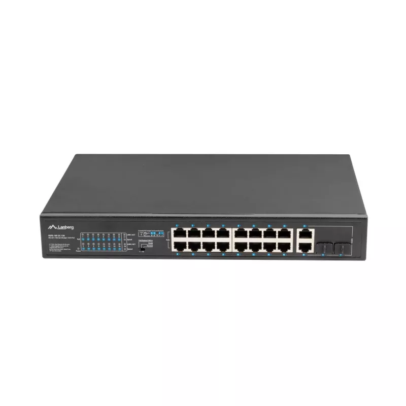 Unmanaged Switch LANBERG RSFE-16P-2C-150 — 18-Port Gigabit, 16 PoE+/2 SFP, 150 W gesamt, 1U Rack, Metall, Schwarz