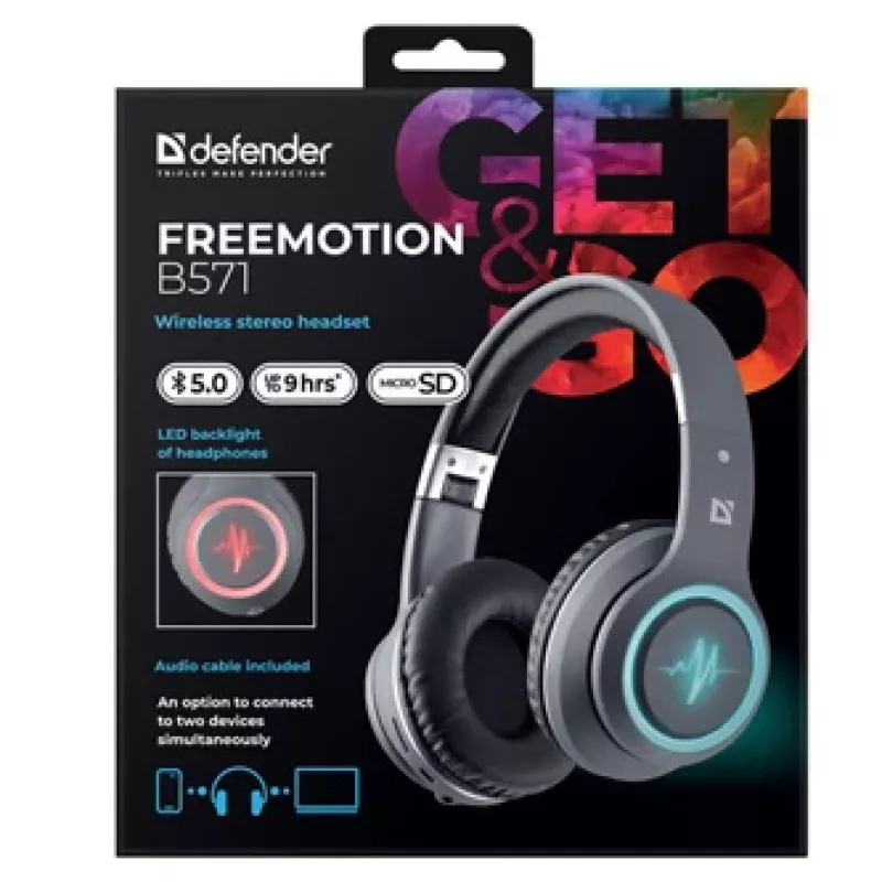 Headset DEFENDER FREEMOTION B571 LED kabellos binaural, 4 cm Treiber, 6–8 h Akku, geschlossene Bauweise, 20–20000 Hz