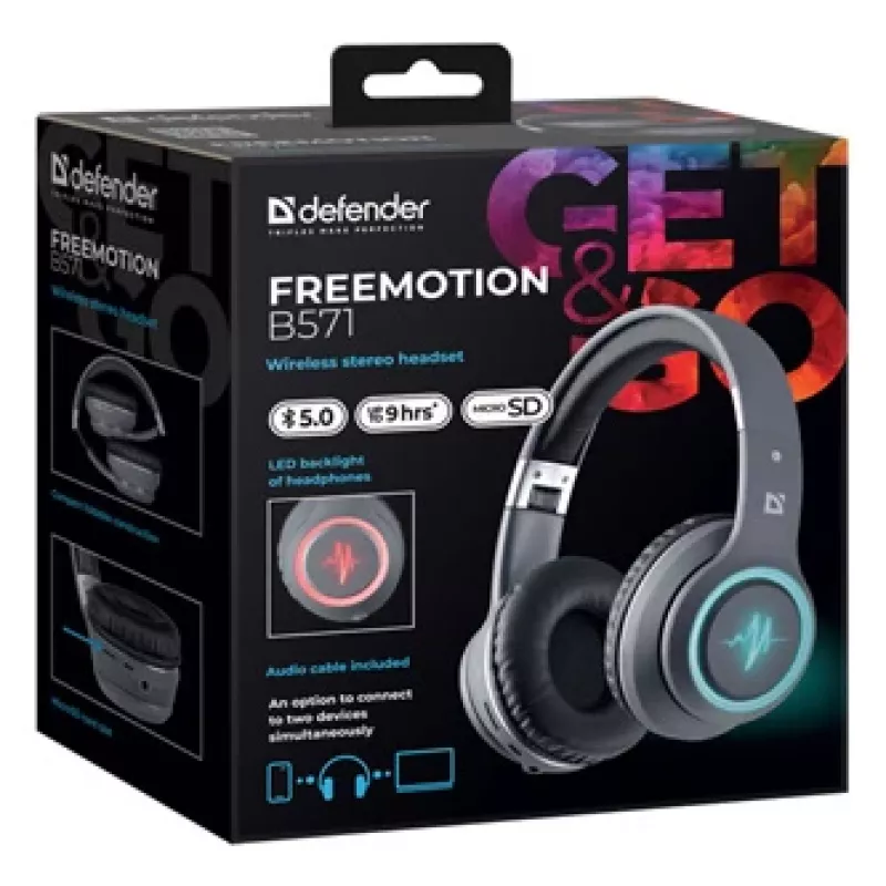 Headset DEFENDER FREEMOTION B571 LED kabellos binaural, 4 cm Treiber, 6–8 h Akku, geschlossene Bauweise, 20–20000 Hz