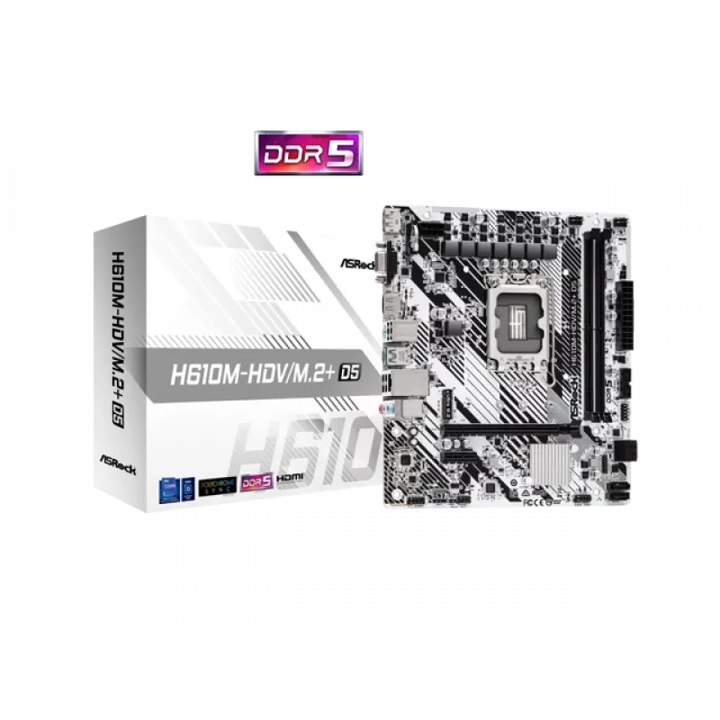 Mainboard ASRock H610M-HDV/M.2+ D5 — Intel H610, LGA 1700, microATX, 2× DDR5 DIMM, M.2, HDMI 2.1, DP 1.4