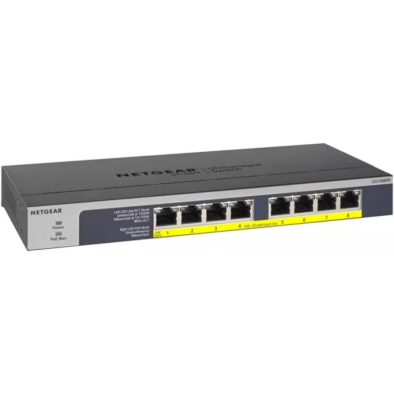 NETGEAR GS108PP Unmanaged Gigabit Ethernet (10/100/1000) Power over Ethernet (PoE) Schwarz