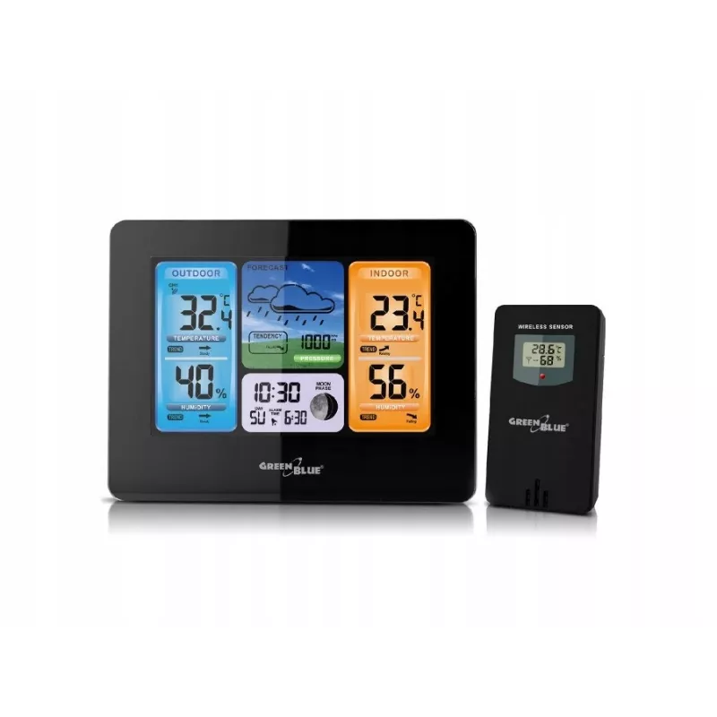 Digitale Wetterstation GreenBlue GB526 Schwarz — Innen -20…60°C, Außen -40…70°C, Luftfeuchtigkeit -20…95%, Uhr, Mondphase