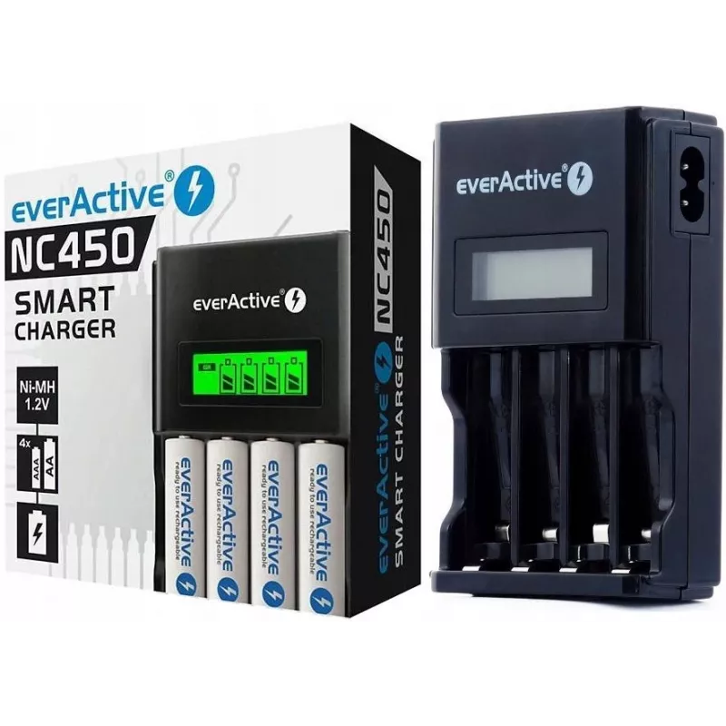 Akkuladegerät everActive NC450B — 4‑Zellen AAA-Ladegerät, 110/230V AC, schwarz