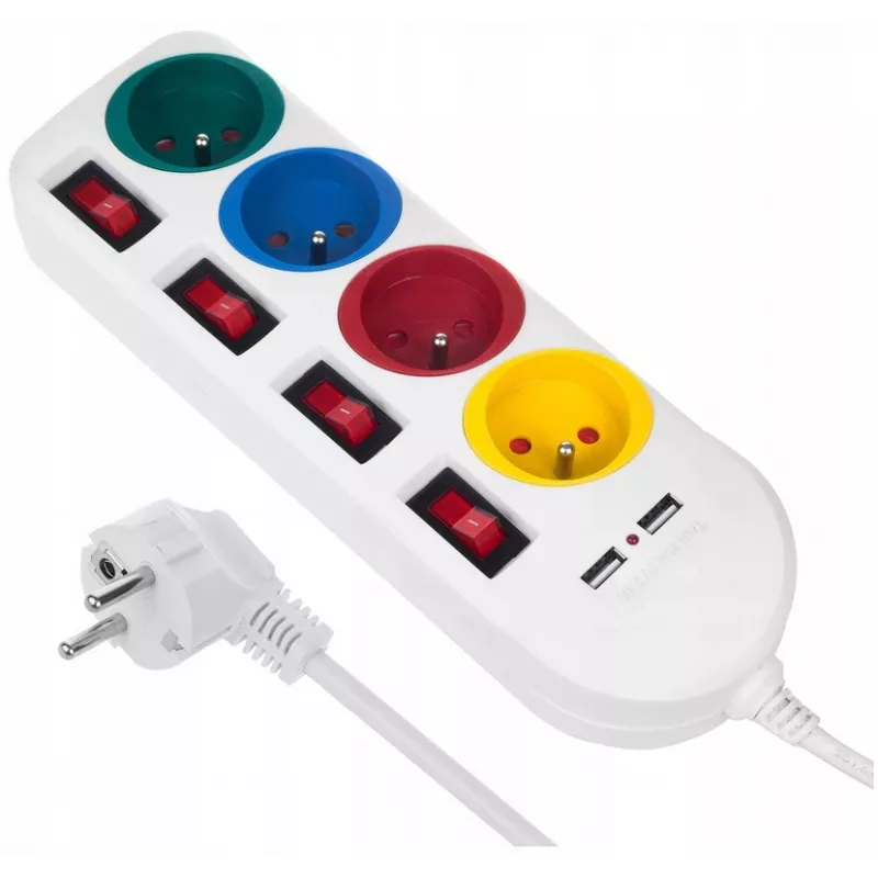 Steckdosenleiste MACLEAN MCE229W — 4 Steckdosen, 2× USB, 1,5 m Kabel, Typ F, 10 A, weiß
