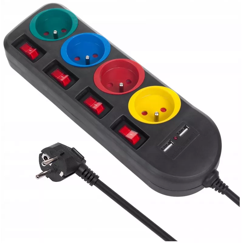 Mehrfachsteckdose MACLEAN MCE229B — 4 AC-Steckdosen, 2× USB-A, 1,5 m Kabel, 10 A, Typ F, Innenbereich, schwarz