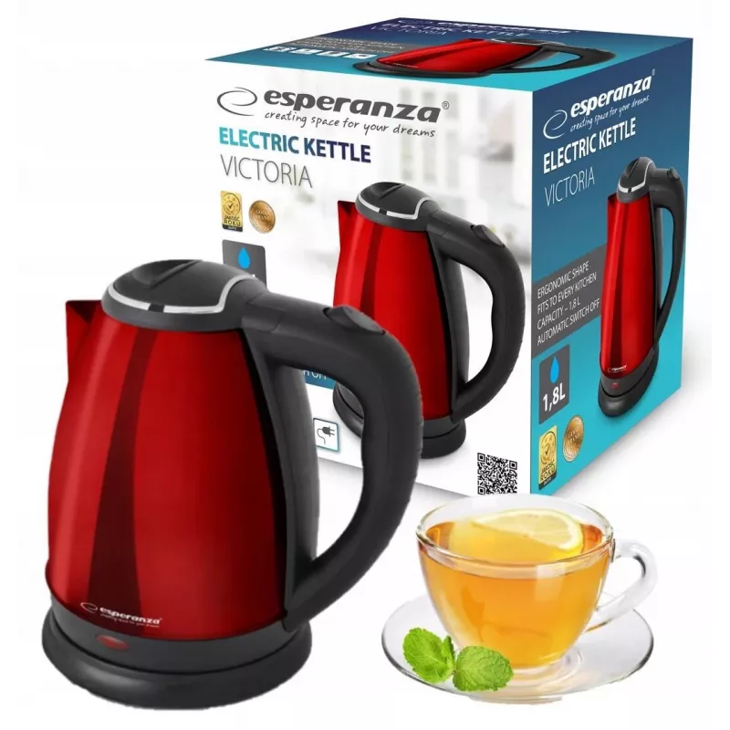 Wasserkocher ESPERANZA EKK113R 1,8 L 1800 W Edelstahl mit automatischer Abschaltung und Trockengehschutz