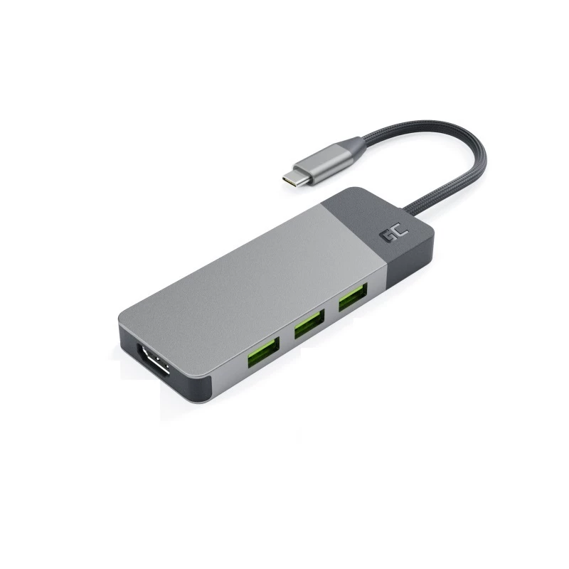 USB‑Typ‑C‑Hub Grün Cell HUBGC01 — 7 Anschlüsse: 3×USB‑A 3.2 Gen 1, 1×USB‑C 3.2 Gen 1, HDMI, microSD+SD-Kartenleser — Silber