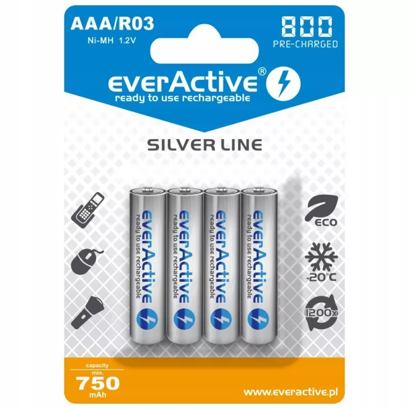 Wiederaufladbare AAA NiMH-Batterien everActive EVHRL03-800 – 1,2 V, 4 Stück, zylindrisch 44,5×10,5 mm