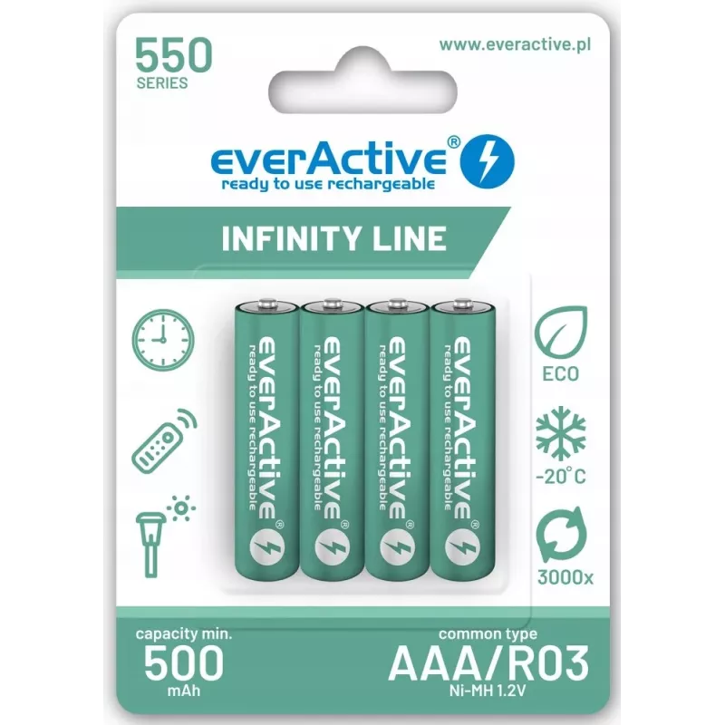 Wiederaufladbare AAA-NiMH-Akkus everActive EVHRL03-550 1,2 V 550 mAh 4er-Pack, zylindrisch R03