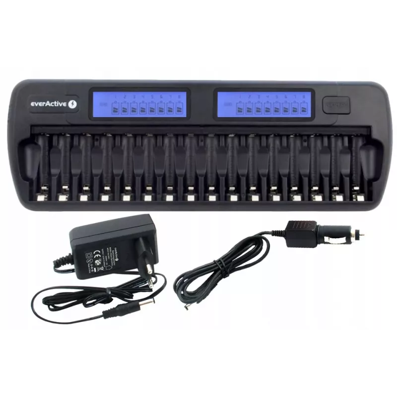 Batterieladegerät everActive NC-1600 — universelles DC-Ladegerät für Li-Ion, unterstützt 16 Zellen, kompatible Größen AA/AAA/C, schwarz, AC 100–240V 50–60Hz