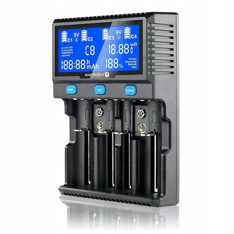 everActive UC-4200 Universalladegerät AC 12V 3A, unterstützt AA/AAA/C/9V, 4 Zellen, schwarz, integrierte Anzeige
