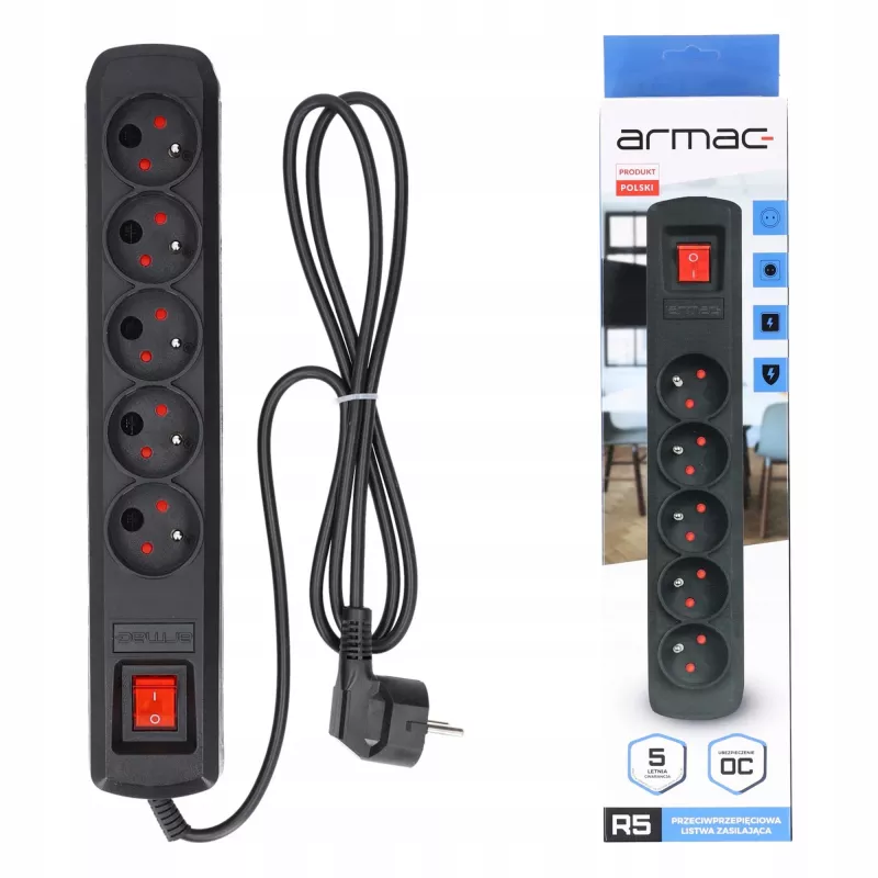 Steckdosenleiste ARMAC R5 — 5 Steckdosen, 5 m Kabel, schwarz