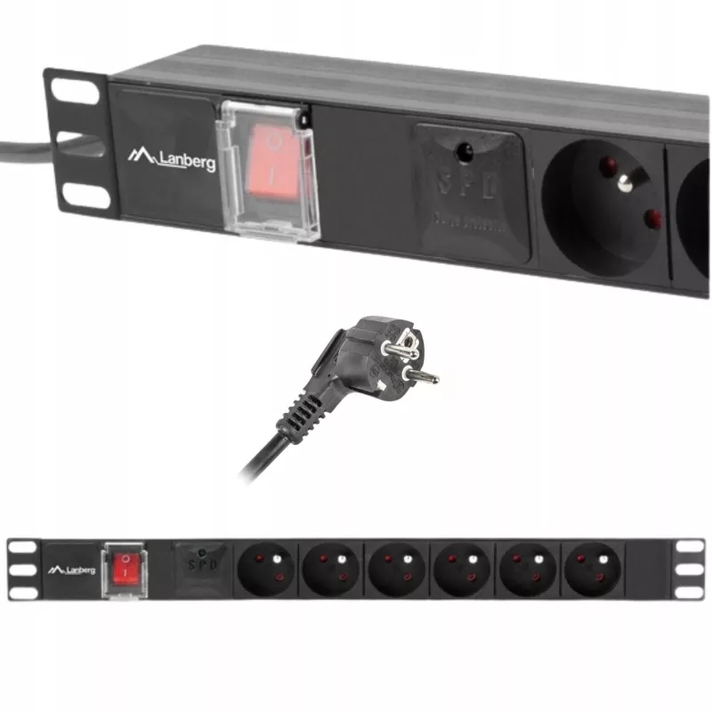 Stromverteilereinheit LANBERG PDU-06E-0200-BK — 6x Typ-E-Ausgänge, 16 A, 2 m Kabel, 1HE Rack, 220–250 V