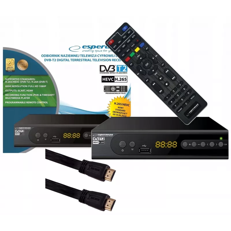 Dekoder Tuner TV DVB-T2 Hevc H.265 Kabel HDMI