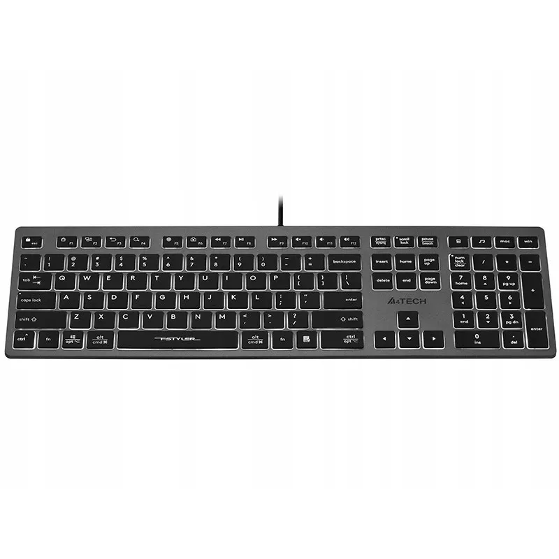 Kabelgebundene A4Tech-Tastatur FX60H USB QWERTY – Full-Size 100%, hintergrundbeleuchtet weiß, grau, USB-Hub